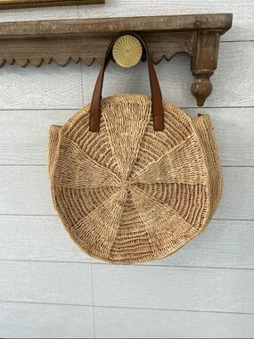 LC Lauren Conrad Round Woven Tote in Natural with Brown Handles